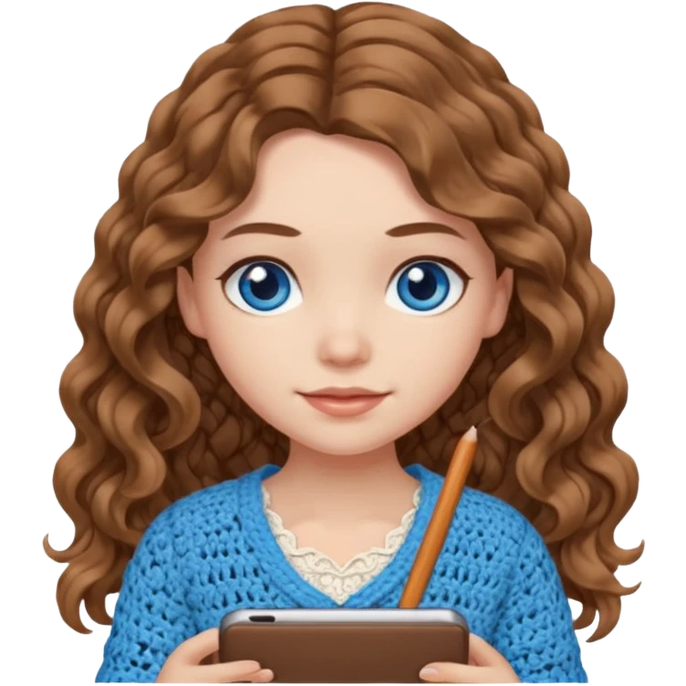 Girl with light brown wavy long hair and blue eyes who likes crochet emoji