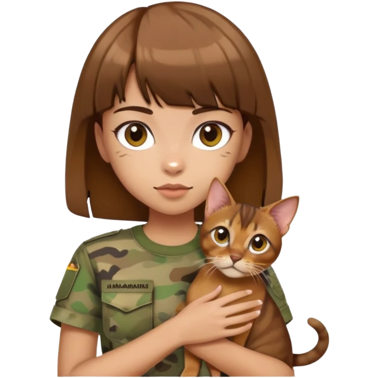 a girl with short brown hair and bangs holding an Abyssinian cat, wearing camouflage short sleeves  emoji