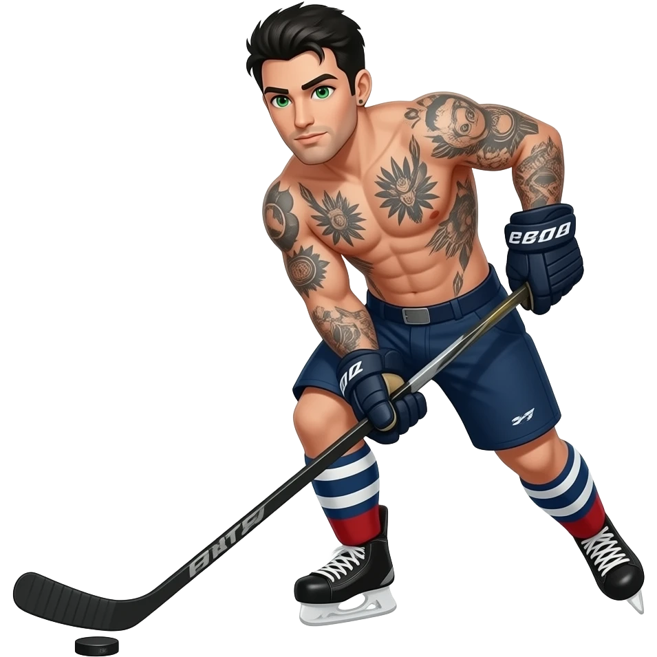 homme tatoué cheveux noirs yeux verts qui joue au hockey emoji