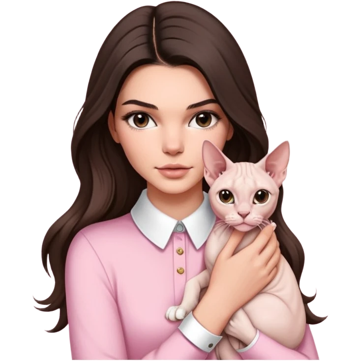 brunette Kendall Jenner with long hair holding on the hands white Sphynx Cat wear on pink collar emoji