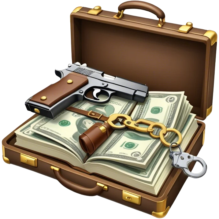 Icon for Action & Crime Reading: an open book with action-packed scenes, featuring a gun, handcuffs, a detective's badge and a briefcase with money. The icon should capture the tension and excitement of crime and action stories. Transparent background. emoji