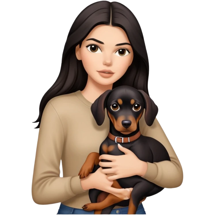 Kendall Jenner with long dark hair holds a Doberman Pinscher in her arms emoji