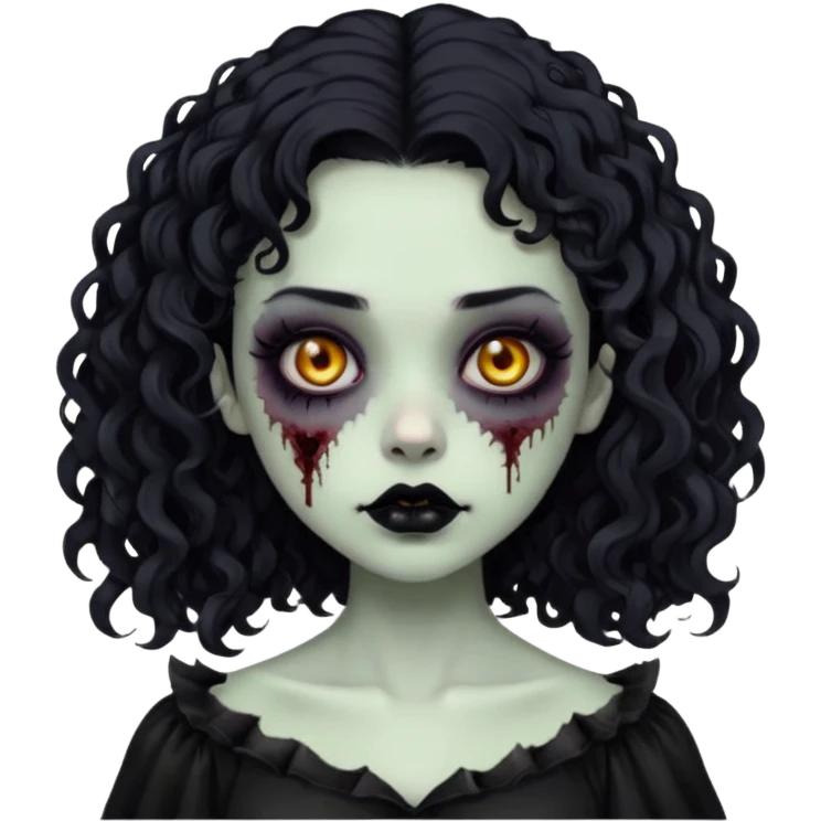 garota zombie com roupa gótica, batom preto e cabelos pretos e cacheados na altura do ombro emoji