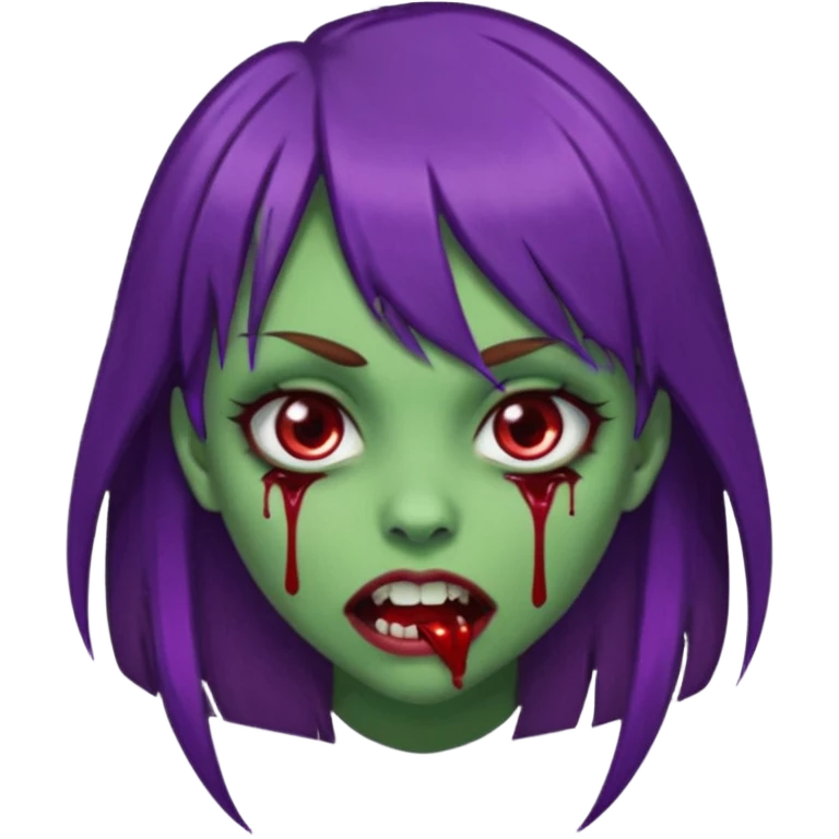 uma garota com cabelo marrom com franja lateral e dois fios de cabelos são roxos na franja, e o cabelo é liso, e a pele dela é verde e a boca normal dente de vampiro e com sangue pingado no canto e um piercing no canto da boca. emoji
