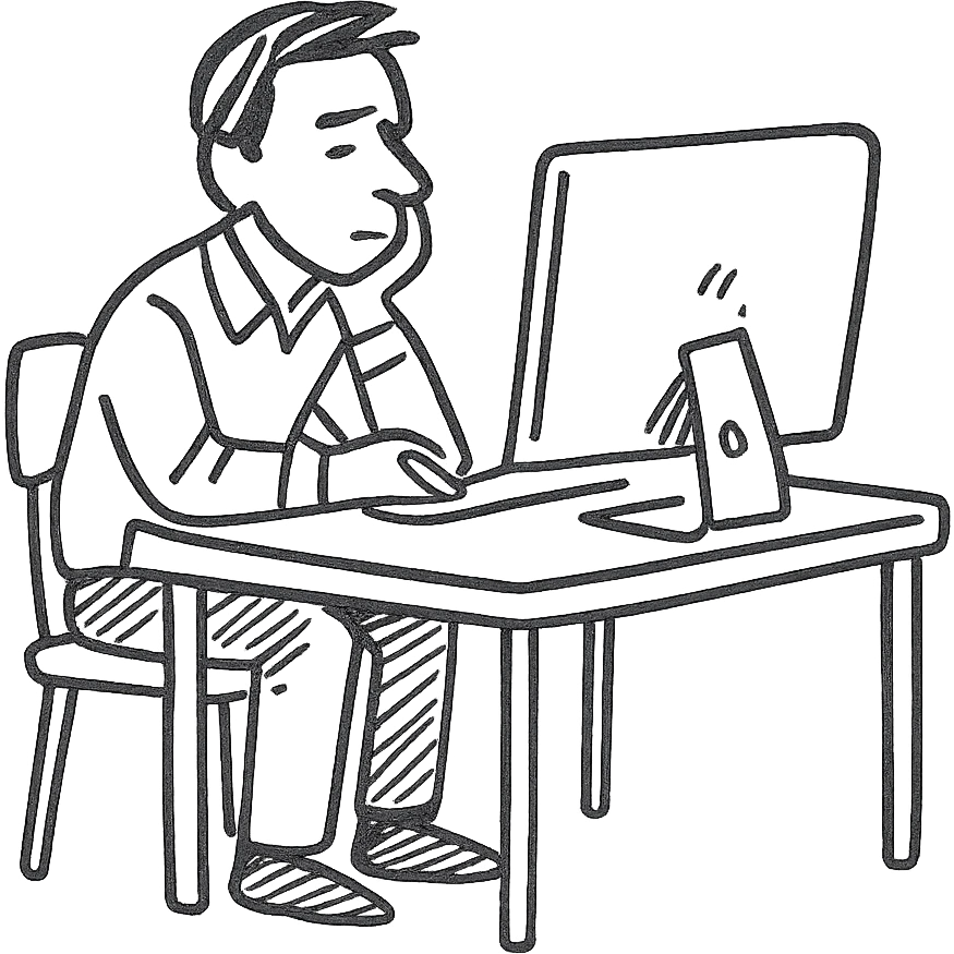 a man sitting at the table with an imac on it, a man sits in a very thoughtful pose emoji