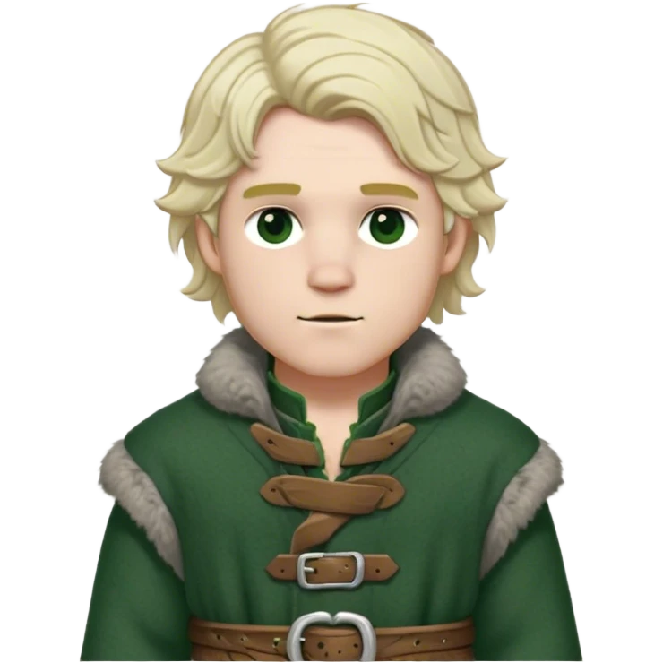 Medieval winter outfit worn by a DnD themed fantasy male character. Double-layered forest green wool tunic with bear fur lining, decorated with pewter toggle closures and a thick woven belt. Clothes only above the waist, full waist coverage. The character has no arms. Character is white-skinned with pale blonde hair, steel gray eyes, and medium-length wavy hair with frost-tipped ends emoji