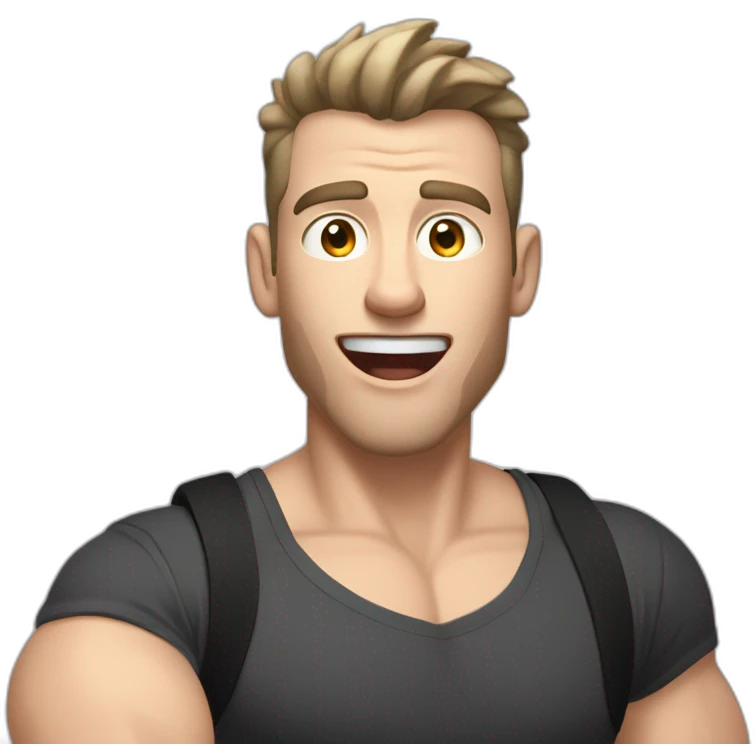 amazed Open with surprise mouth Pale skinned Fit Man With the biceps and dark brown hair in black shirt, gray sports shorts and white Sneakers emoji