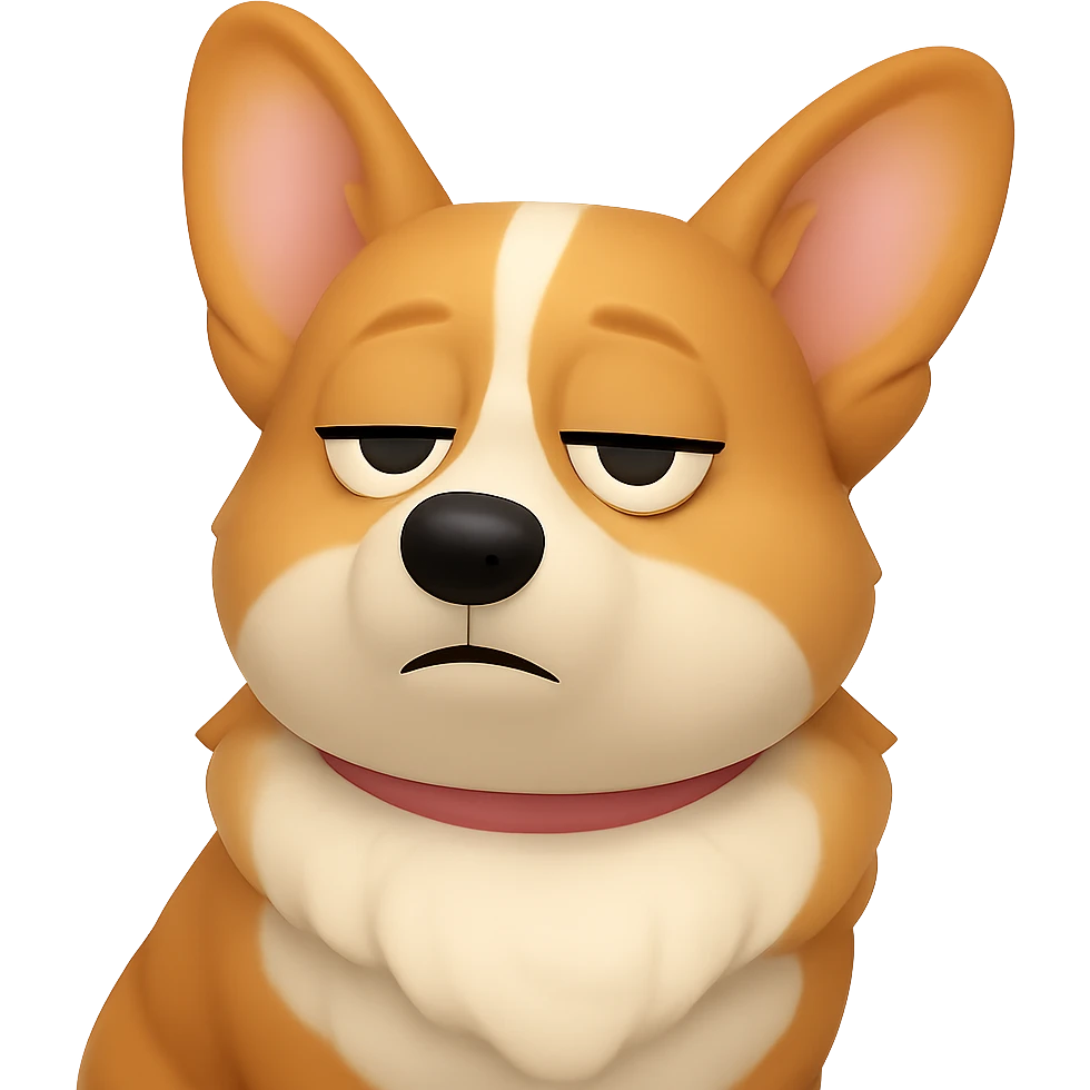 Change the corgi's facial expression to bored, with half-closed eyes and a neutral or uninterested mouth. The style should resemble 3D emoji style with a transparent background. emoji