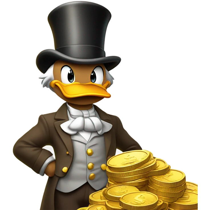 a slim successful looking scrooge mcduck standing atop a pile of money emoji