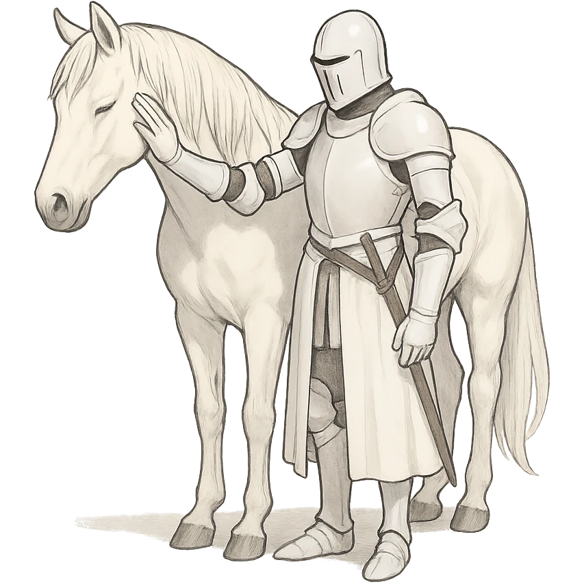 a white knight gently patting a white horse, peaceful, graceful, clean background emoji