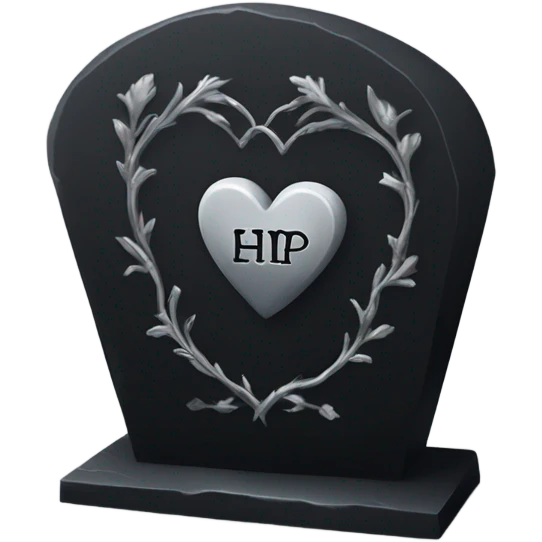 a black tombstone with the inscriptions in silver R. i. p. and a silver heart in the center emoji