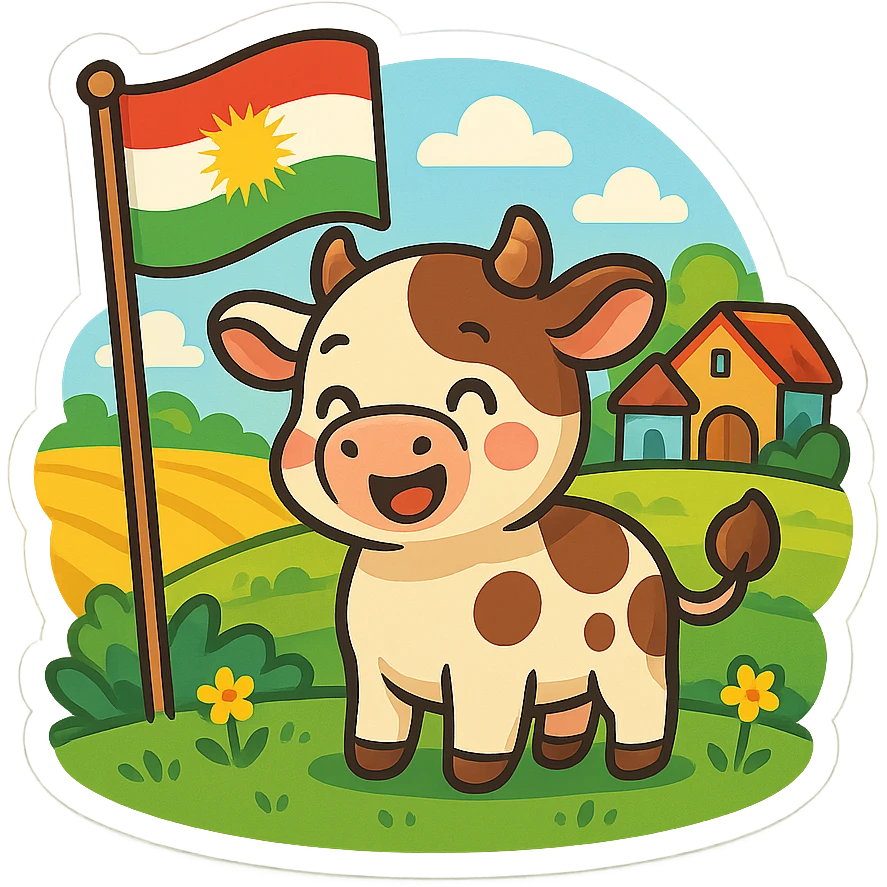 chibi cartoon sticker of a cow (گا) on a Kurdish farm, happy and colorful style emoji
