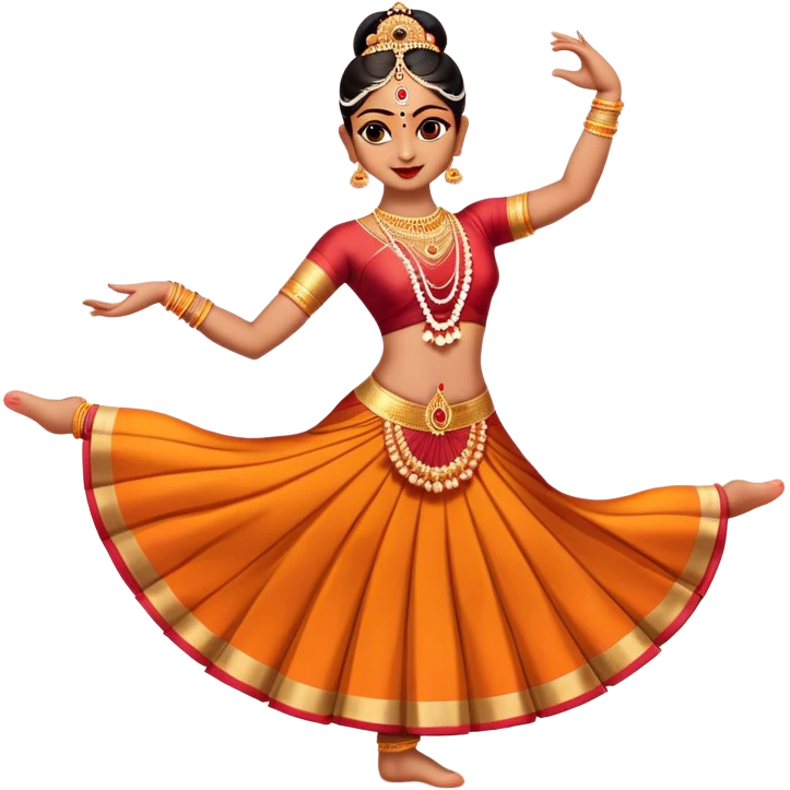 Cinematic Realistic Bharatanatyam Dance Emoji, depicted as an elegant classical Indian dance performance with graceful poses, intricate costumes, and expressive hand gestures, rendered with rich textures and warm dramatic lighting that captures its timeless beauty. emoji