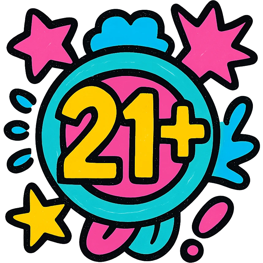 circular badge with '21+' in the center, surrounded by colorful pop art elements, pop colors style emoji