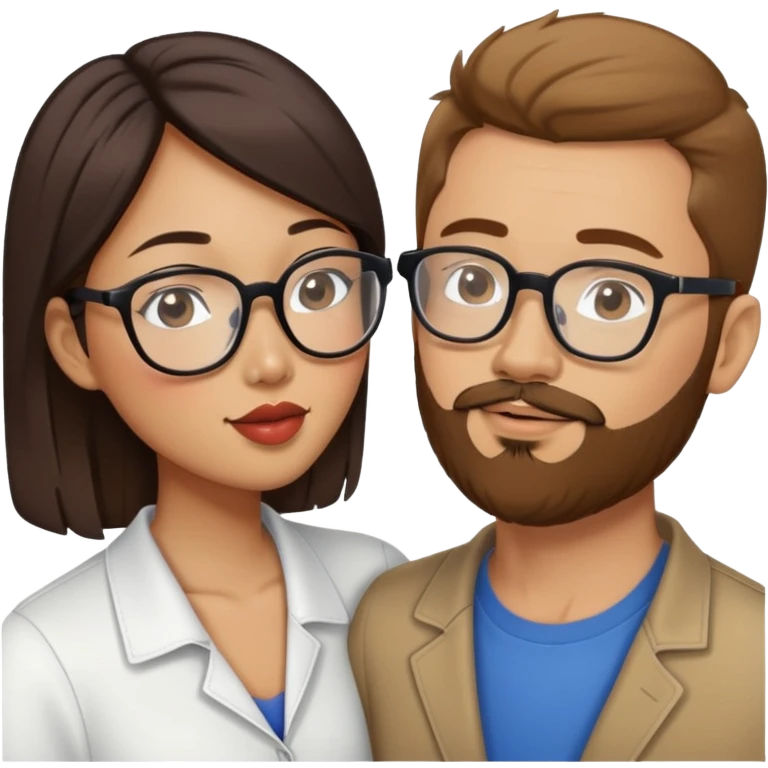 Asian American woman kissing a white guy with brown hair and only the white guy has beard stubble and glasses emoji