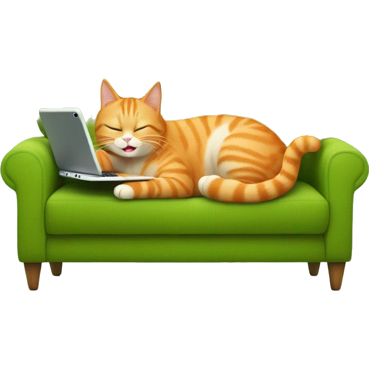 A happy orange cat lies on its back on a green sofa, holding a tablet. emoji