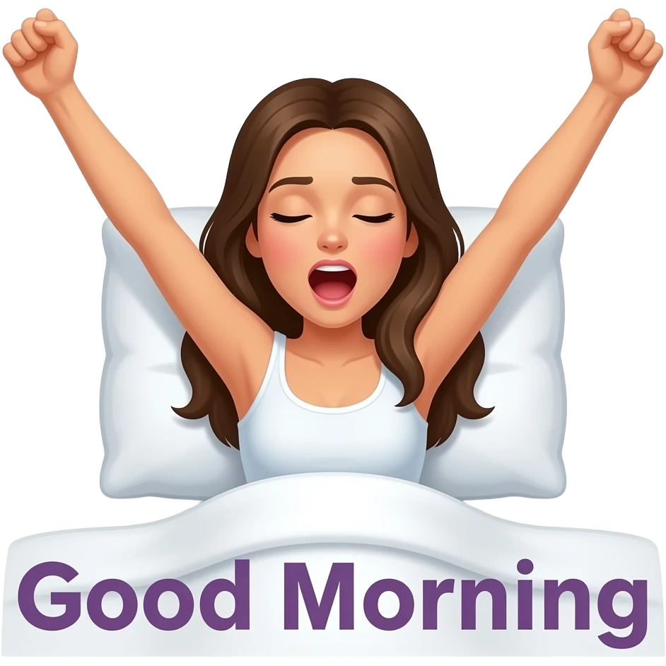 a naked woman waking up in bed with arms fully stretched and yawning with the words "Good Morning" in purple printed across emoji