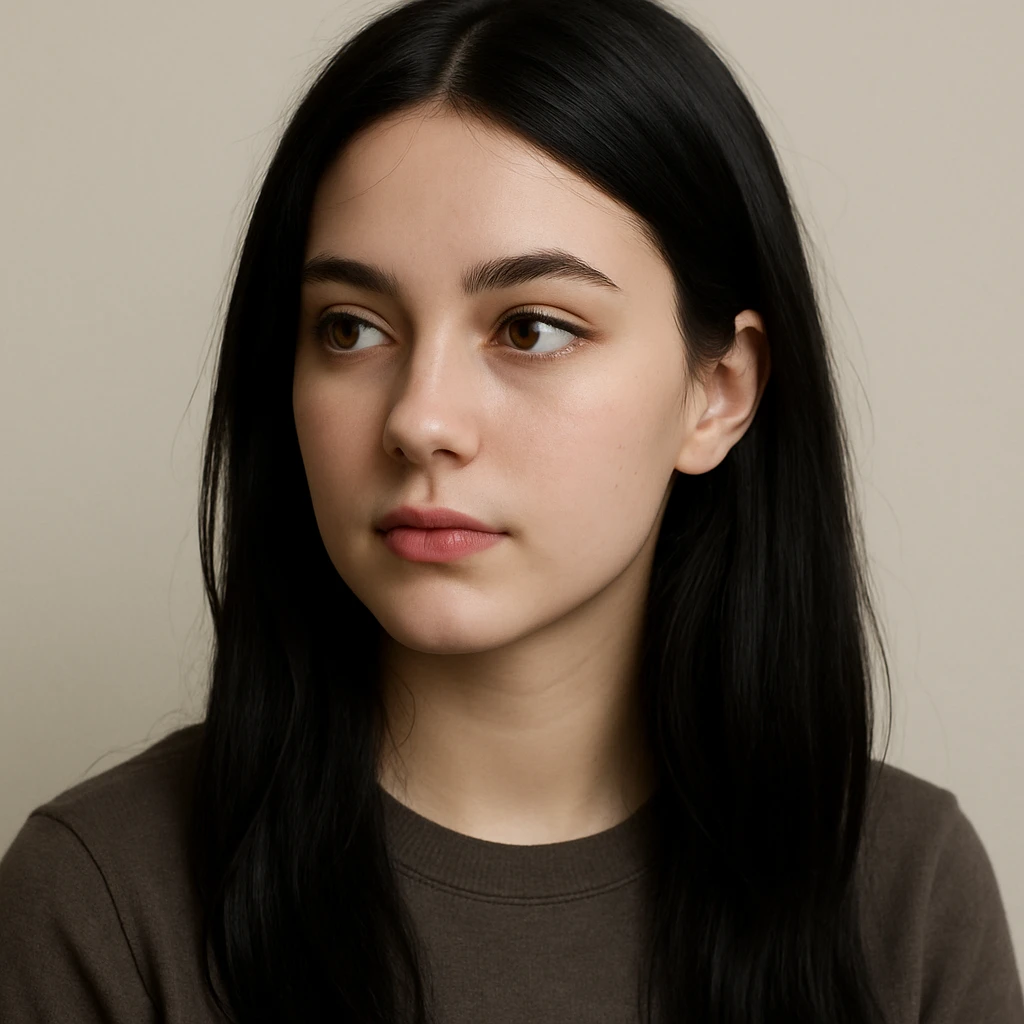 white girl with black long hair and brown eyes, looking to the side, plain background emoji
