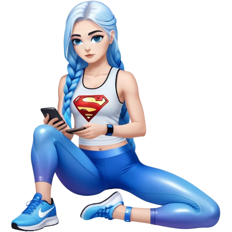Shameful-Female-very very very large chest-texting on a samsung cell phone-very long straight braided black to sky blue hair ombre-blue eyes-black eyeliner-long eyelashes-iridescent tank top with glitter superman logo-white leggings-nike sneakers emoji