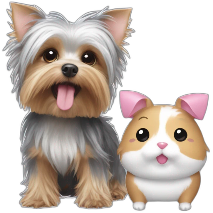 yorkshire terrier with grey hair with the tongue and two little pink hair-bow on the head and a Hamtaro beside emoji