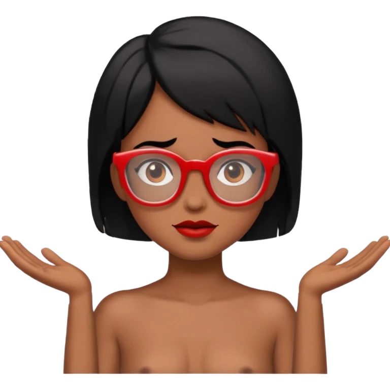 Topless shrug, black hair, red glasses, brown skin emoji