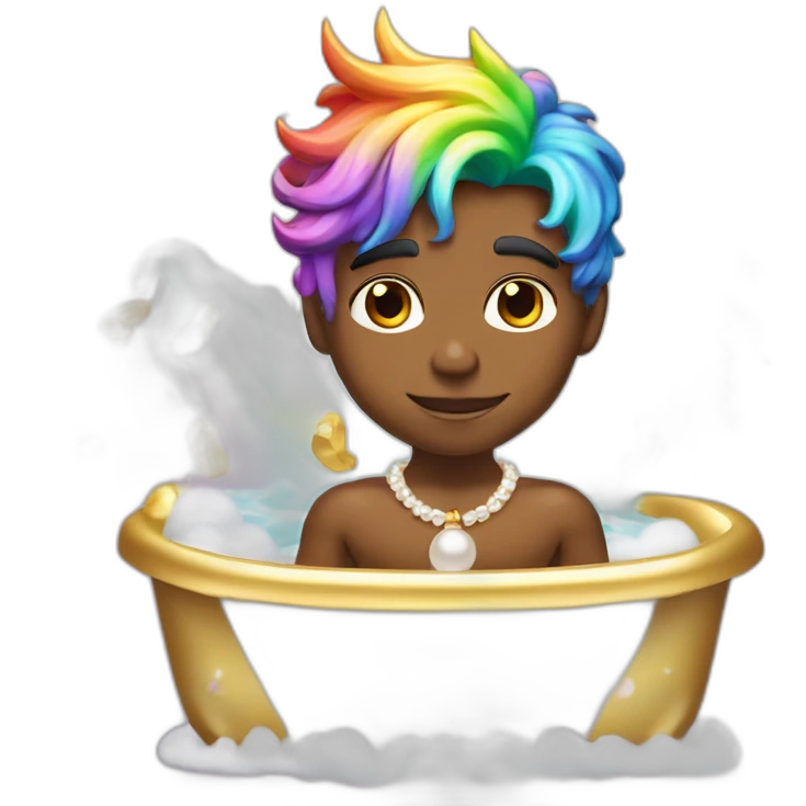 posh-muscle-boy-with-pearl-necklace-and-rainbow-unicorn-hair-in-golden-bathtub emoji