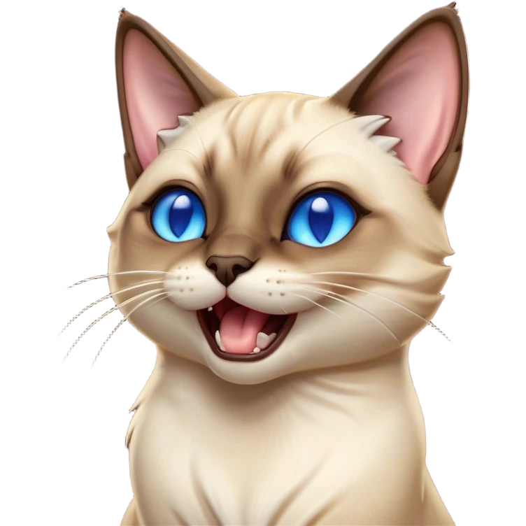Cinematic Cute Yawning Siamese Cat Portrait Emoji, Head tilted slightly with a dramatic, wide-open yawn, sleek cream-colored fur with contrasting dark points on the ears, face, paws, and tail, piercing sapphire-blue eyes that are barely open, Simplified yet irresistibly adorable features, highly detailed, glowing with a soft, cozy glow, high shine, relaxed yet expressive, stylized with a touch of whimsy, bright and endearing, soft glowing outline, capturing the essence of a sleepy yet affectionate kitty, so drowsy it feels like it could stretch right out of the screen and curl up for a nap! emoji