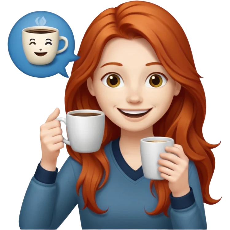 Excited long haired redhead drinking coffee with a sign in front saying GTSY emoji