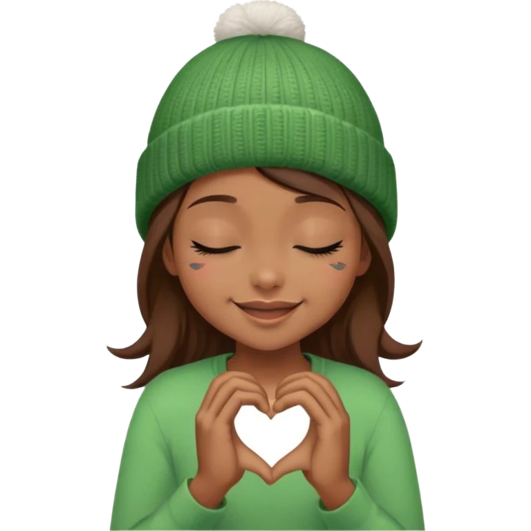 brown hair girl closed eyes stylish in a green beanie hat smiling making heart from her hands  emoji