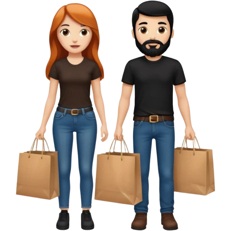 Chica blanca con cabello cobrizo largo y chico con cabello y barba negra los dos de contextura media los dos vestidos de jeans y camiseta negra con bolsas de compras  emoji