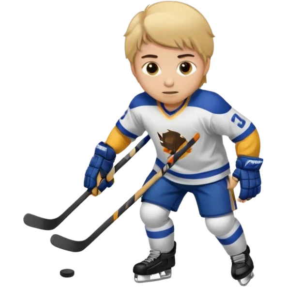 A boy with dirty blonde hair and brown eyes playing hockey emoji