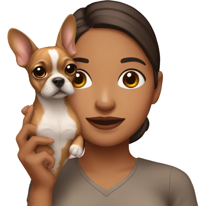 Emoji of a Latina holding a light brown frenchie emoji