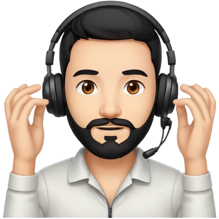 A person with black hair, brown eyes, and a black beard wearing a gaming headset with a thankful expression emoji