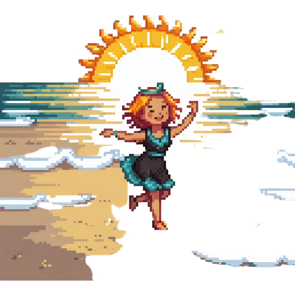 Cheerful beach character dancing on sand with ocean waves and sun, highlighted emoji