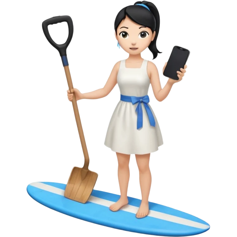 Princess who wearing white dress (woman) black ponytail hair holding her cellphone and  one garden shovel with another hand. She is standing on her feet, there is one blue surfing board under her feet. She is looking at her phone emoji