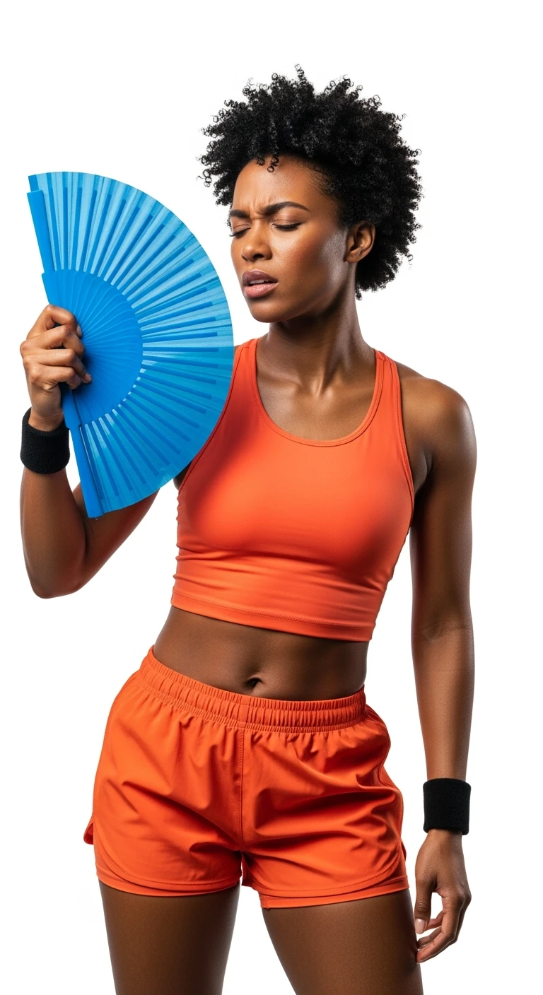 DONNA FITNESS CHE SI FA VENTO CON IL VENTAGLIO PERCHé SOFFRE IL CALDO, ESPRESSIONE ACCALDATA, ISOLATA SU SFONDO BIANCO emoji