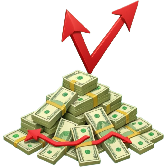 a pile of money infront of strategy paper with one red arrow up emoji
