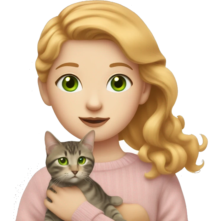 strawberry blonde girl with green eyes wearing a pale pink sweater holding a brown and gray tabby cat with yellow eyes emoji