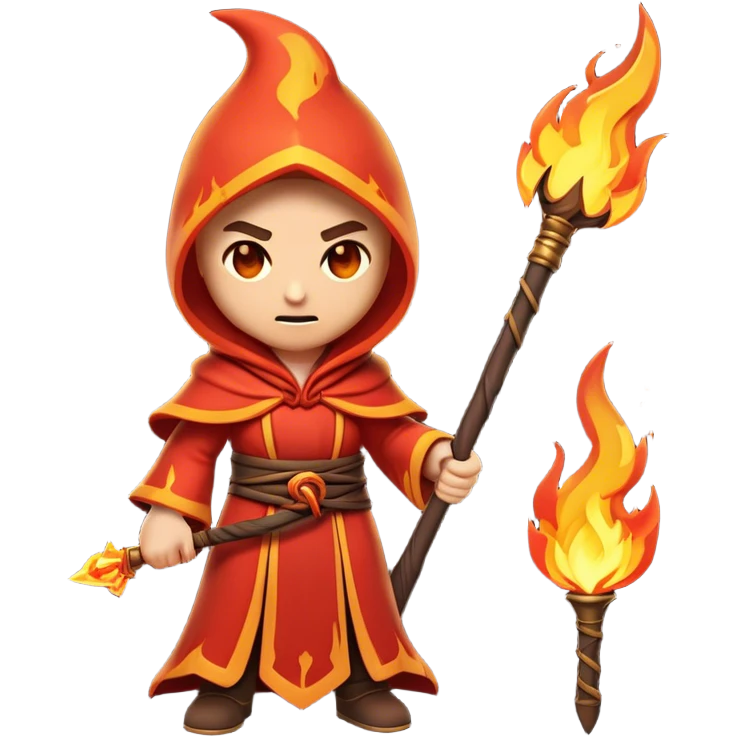 Clash of Clans aesthetic: Cinematic Ferocious Fire Mage Hero Emoji, rendered in a 3D vector-style similar to standard emojis with minimal shading and bold, simplified shapes. A compact, isometric figure draped in flowing, charred and ember-lined robes, wielding a fiery staff crackling with intense flames. Eyes burning with an infernal glow, exuding raw, untamed power. Simplified yet unmistakably iconic, highly detailed and consistent, glowing with a fiery, molten radiance and high shine. Stylized with a touch of menacing sorcery and a searing, ember-infused outline, capturing the essence of a wrathful mage ready to unleash devastating fire magic! emoji