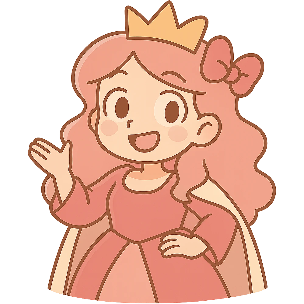Edit the emoji to be an aesthetic queen wearing pink with wavy hair and a bow, keeping a playful cartoon style. Remove the background. emoji