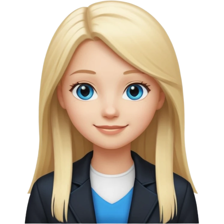 A white girl with long straight blonde hair, blue eyes and a white dress with a smiling black jacket emoji