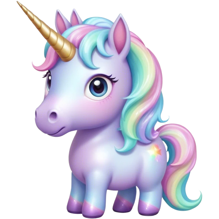 Cinematic pastel-colored unicorn, flowing iridescent mane, big sparkling eyes, tiny rounded hooves, soft chubby cheeks, delicate magical glow surrounding, enchanting and dreamy. emoji
