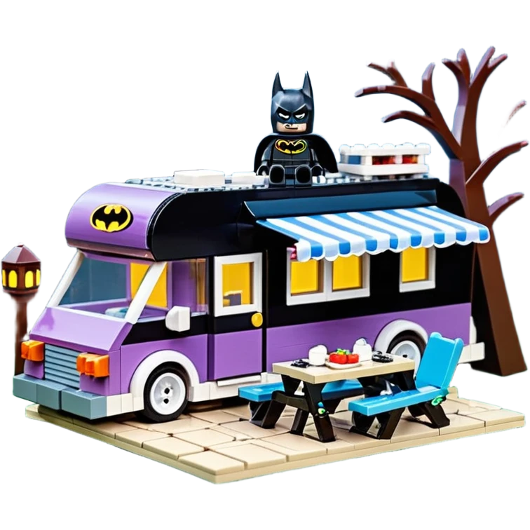  Ultra cute Lego Haunted Batman and Catwoman dream house Caravan with picnic table and folding chairs at night  emoji