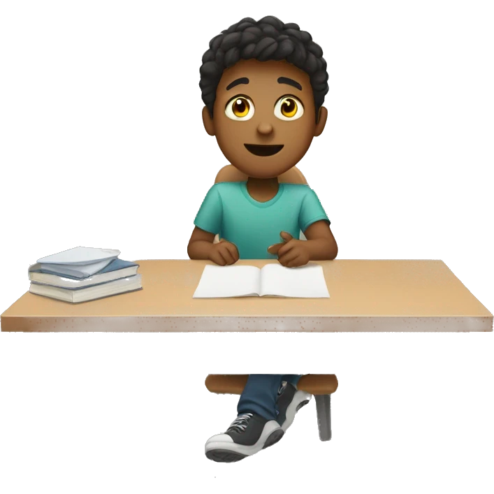 boy is sitting at desk and rising hand emoji