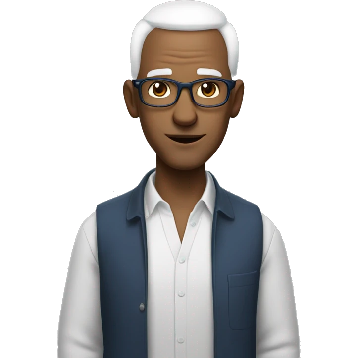 mid age man with paste square glasses, bald with white hair on sides of his head, big ears and expression lines on mouth sides of mouth, tilted head to the side, blue eyes and no beard no mustache emoji