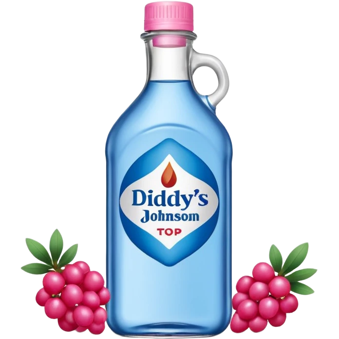 bottle of oil blue top pink outside with logo that says Diddys Oil Johnson and Johnson bottle with a berry on top emoji