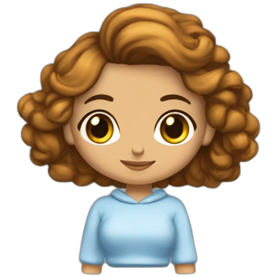 Chica española con pelo castaño falda corta blanca sudadera azul cielo manga larga curpo entero emoji