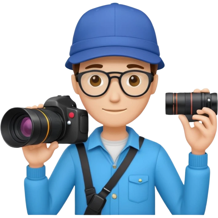 3D illustration of a friendly faceless cartoon photographer icon, wearing a stylish cap, holding a professional DSLR camera with a large lens, minimalist design, vibrant colors emoji