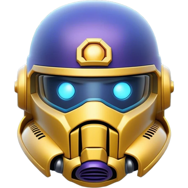 Clash of Clans aesthetic: Cinematic Playful Space Marine Helmet Emoji, rendered in a 3D vector-style similar to standard emojis with minimal shading and bold, simplified shapes. A compact, heroic isometric helmet with futuristic, armored detailing and a glowing visor, softly glowing with a battle-ready cosmic charm. Simplified yet unmistakably iconic, highly detailed and consistent, glowing with a soft radiant shine and high gloss. Stylized with a touch of interstellar valor and a soft glowing outline, capturing the essence of an elite warrior’s helm with a friendly, playful spirit! emoji