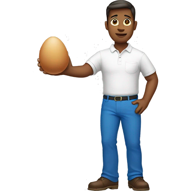 man standing holding a egg in left hand and wearing white Polo shirt and blue pants emoji